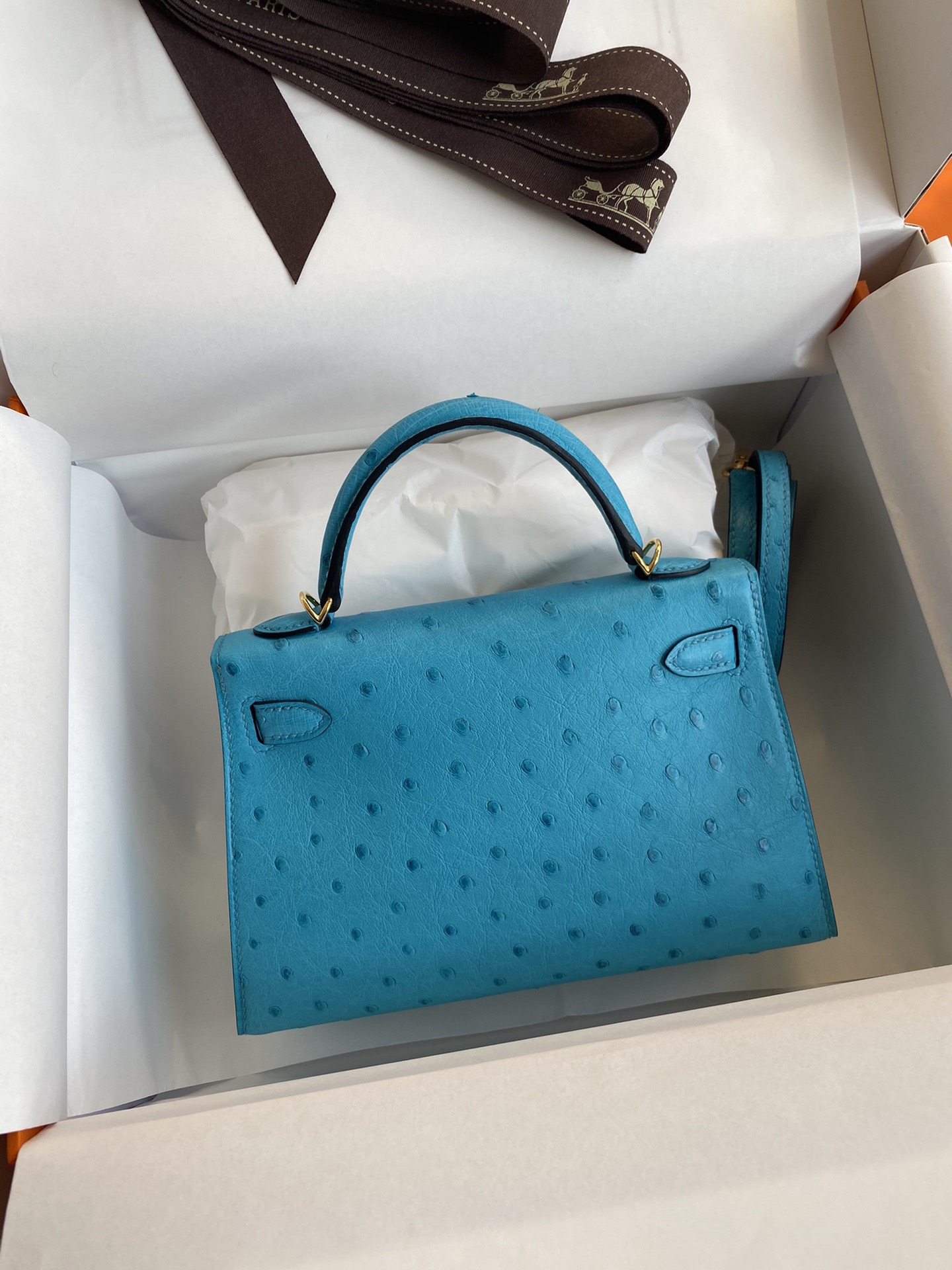 Hermes Kelly Mini II Bag 19CM In Blue Lagon Ostrich Leather